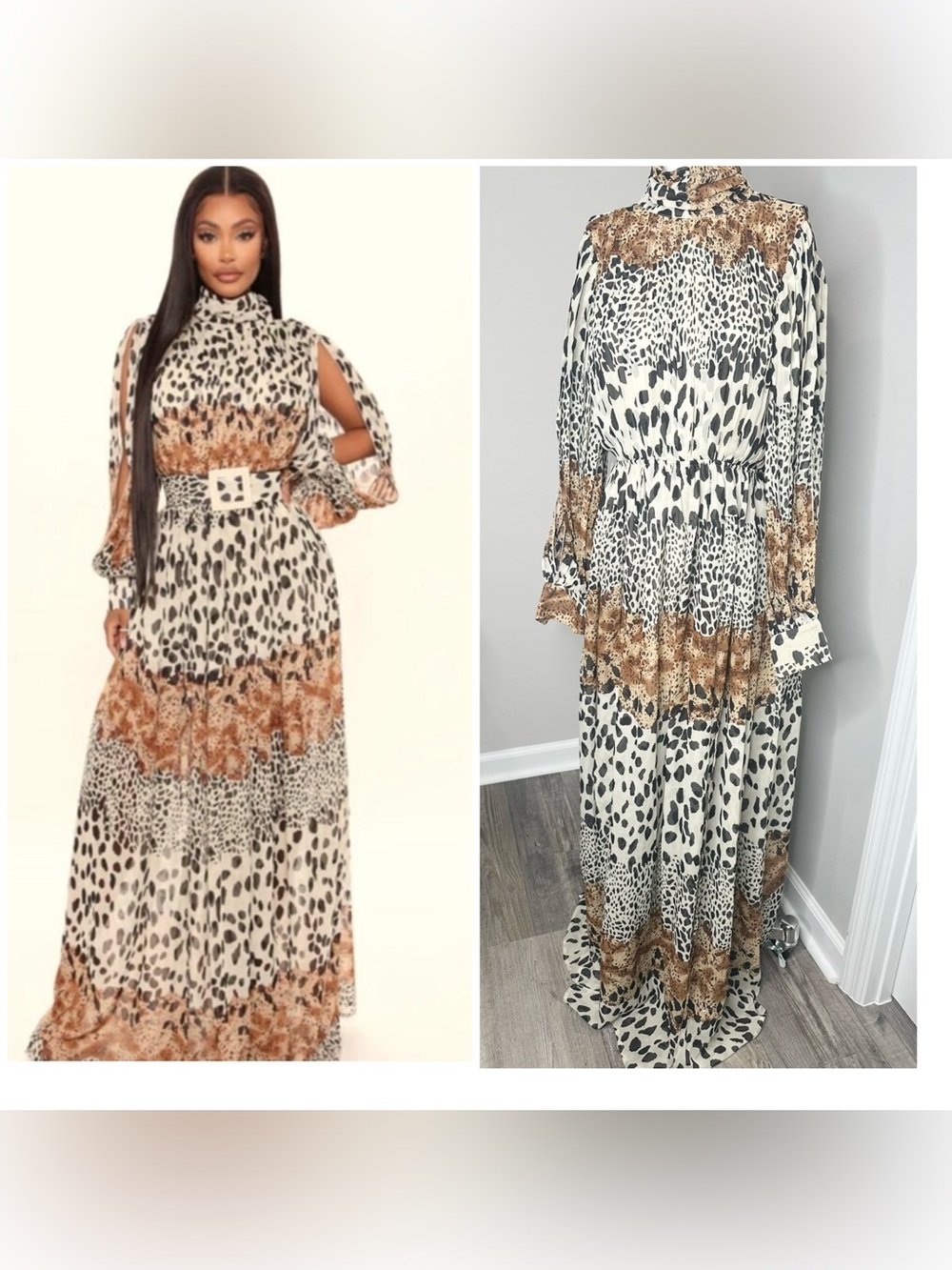 Fashion Nova High-Neck Animal Print Maxi Dress in Cream, Black and Brown-nwt L
